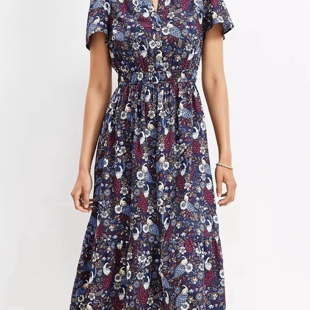 LOFT Blue and White Floral Midi Dress